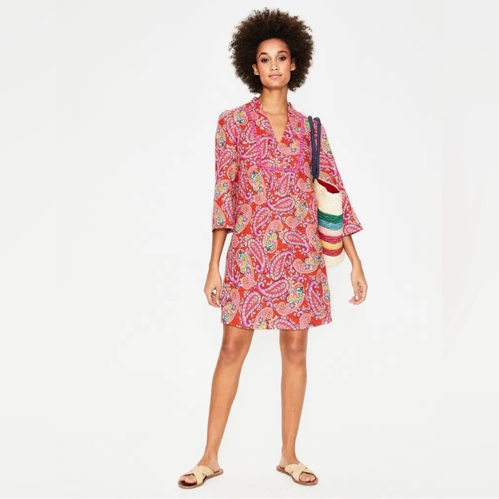 Boden‎ Red Pop Paisley Pink Floral 100% Linen Evangeline Tunic Dress Size 6